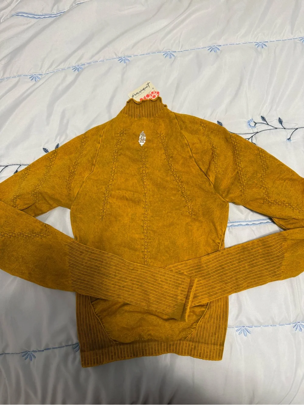 Free People Mustard Ribbed Mock-Neck Long Sleeve Top